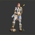 Pink Haired Female Warrior in Blue White Armor Holding Spear with Creature Egg and Grass