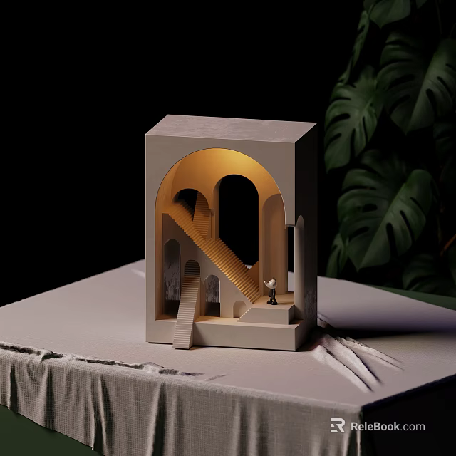 Wall Lamp in Miniature Architectural Model with Arches Staircase Warm Yellow Light and Green Plants 3d model 