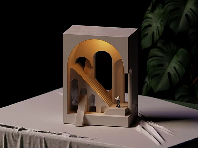 Wall Lamp in Miniature Architectural Model with Arches Staircase Warm Yellow Light and Green Plants 3d model