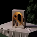 Wall Lamp in Miniature Architectural Model with Arches Staircase Warm Yellow Light and Green Plants
