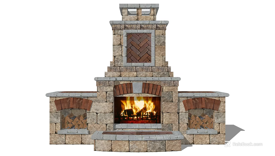 Stone Masonry Fireplace With Burning Fire Classic Design And Decorative Side Panels 3d model 