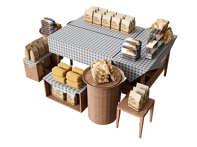 Wooden Display Shelves with Stacked Packaged Bakery Goods and Table Stands Design 3d model