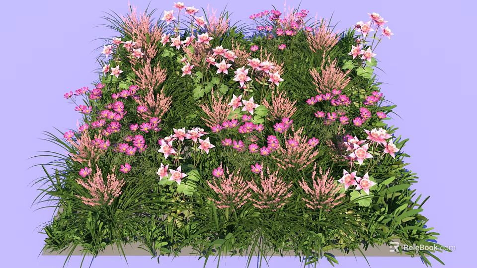 Vibrant Pink White Flowers And Green Grass Arrangement On Purple Background 3d model 
