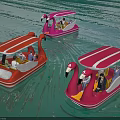 Pink And Orange Flamingo Paddle Boats Carrying People On Water With Canopies