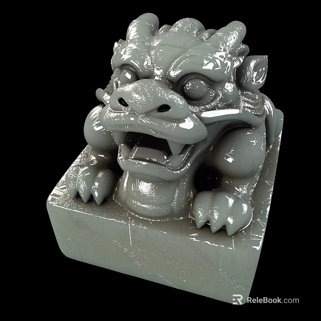 Mythical Beast Gray Stone Sculpture With Square Base And Detailed Carving 3d model 