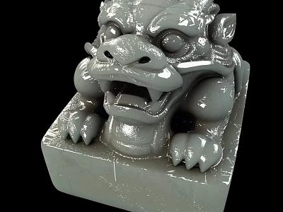 Mythical Beast Gray Stone Sculpture With Square Base And Detailed Carving 3d model