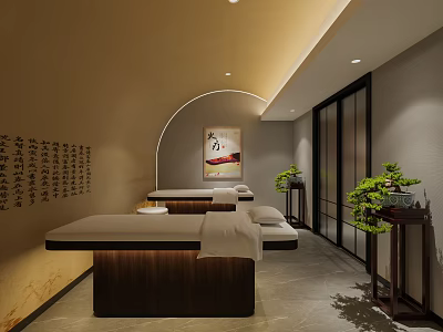 Serene Massage Therapy Room With Wooden Beds White Linens Calligraphy Wall And Green Plants 3d model