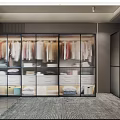 Elegant Modern Walk in Closet Interior With Glass Door Wardrobes Hanging Clothes And Storage Drawers