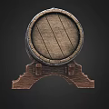 Industrial Equipment Wooden Barrel With Metal Hoops On Wooden Stand And Faucet