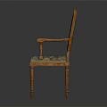 Classic Wooden Chair with Patterned Fabric Upholstery Ornate Carved Frame and Elegant Armrests Design
