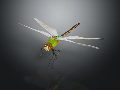 Green Dragonfly Flying With White Wings And Large Eyes Against Dark Background 3d model