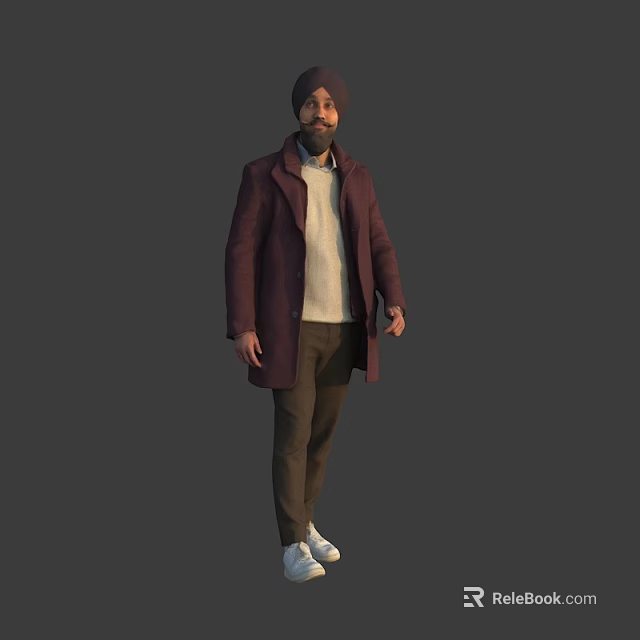 Man Wearing Maroon Coat Beige Sweater Brown Pants And White Sneakers With Sikh Turban 3d model 
