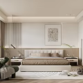 Modern Bedroom Interior With Upholstered Bed Abstract Wall Art Pendant Light And Green Plant