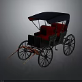 Vintage Horse Carriage With Dark Blue Canopy Red Seats Black Body And Large Wheels