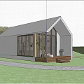 Modern Detached Villa With White Facade Large Glass Windows Wooden Elements Garden And People Walking