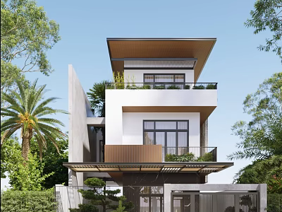 Modern Two Story Detached Villa With Flat Roof Glass Windows Balcony And Surrounding Palm Trees 3d model