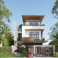 Modern Two Story Detached Villa With Flat Roof Glass Windows Balcony And Surrounding Palm Trees