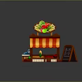 Colorful Fruit Stall With Red White Striped Awning Fresh Fruits Display And Blackboard Price Sign