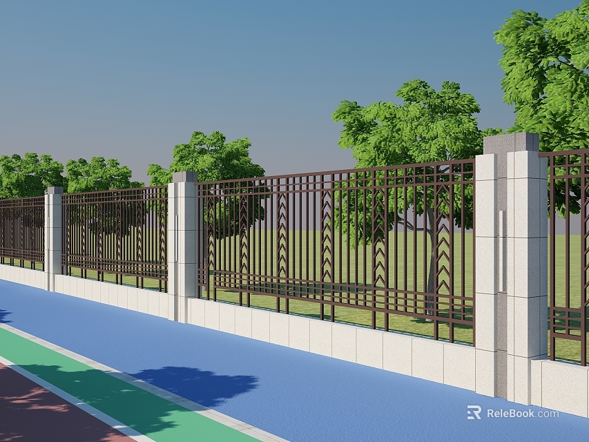 Scenic Wall With Iron Railings And Stone Pillars Near Green Trees And Blue Track 3d model 