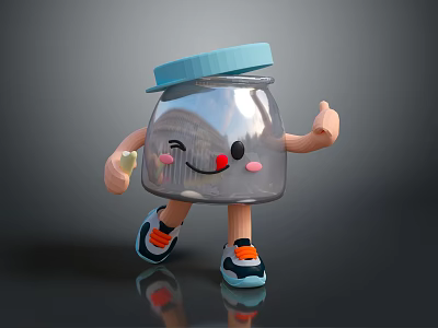 Cute Transparent Jar Game Character With Blue Lid Smiling Face Blush Cheeks And Sneakers 3d model