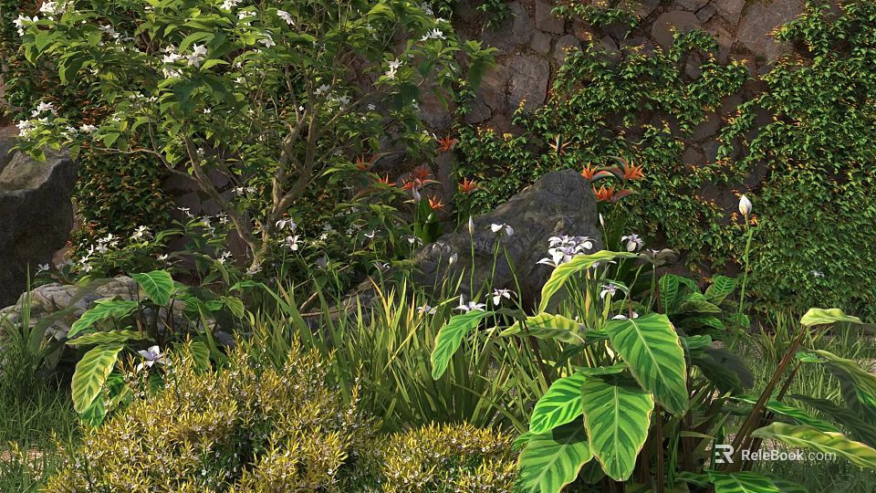 Lush Garden Shrubs With Green Plants Colorful Flowers And Stone Wall 3d model 