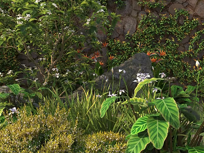 Lush Garden Shrubs With Green Plants Colorful Flowers And Stone Wall 3d model