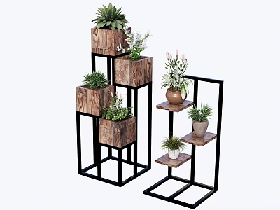 Stylish Bonsai Potted Plants on Multi tiered Metal Frame Stands with Wooden Planters and Greenery 3d model