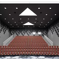 Cinema Interior Featuring Red Seats Arranged In Rows Ceiling Lights And Geometric Wall Design 3d model