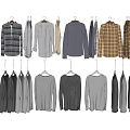 Assorted Clothes Hanging On Hangers With Plaid And Solid Color Styles 3d model