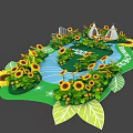 Scenic Sunflower Garden With River Tents Green Grass And Leaves
