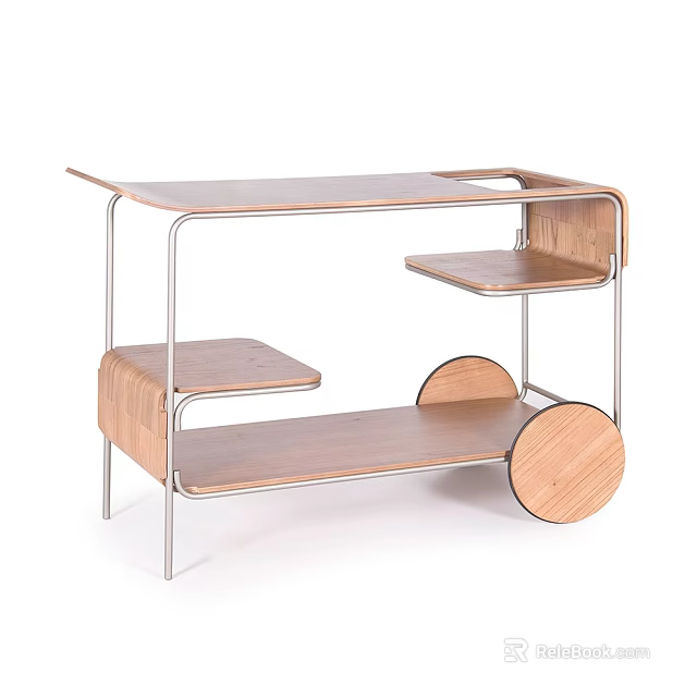 Modern Wooden Side Table With Metal Frame Multiple Shelves And Rolling Wheels 3d model 