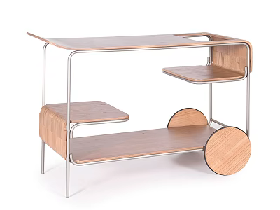 Modern Wooden Side Table With Metal Frame Multiple Shelves And Rolling Wheels 3d model