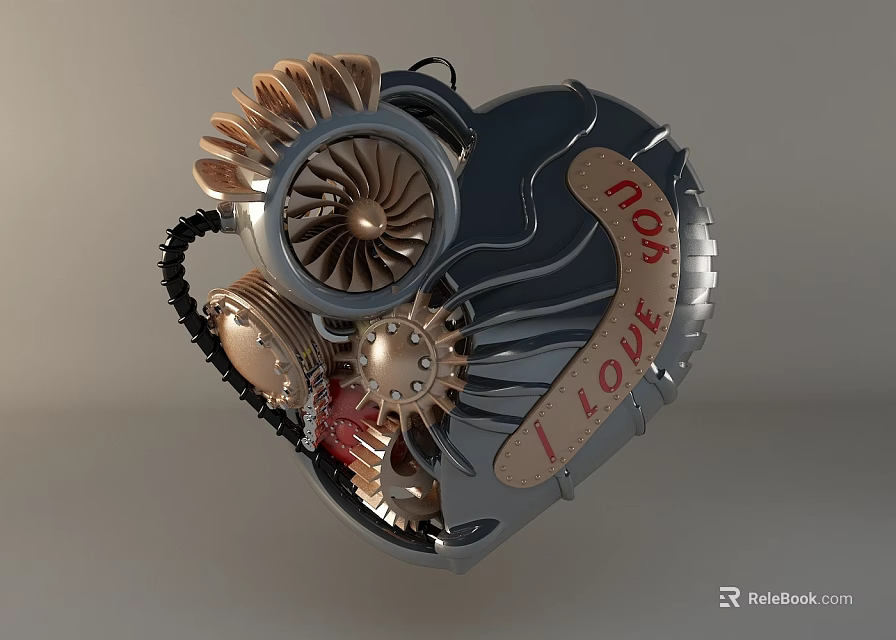 Heart Shaped Mechanical Artwork With Gears Fan Blades And I LOVE YOU Text 3d model 