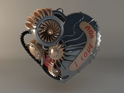 Heart Shaped Mechanical Artwork With Gears Fan Blades And I LOVE YOU Text 3d model