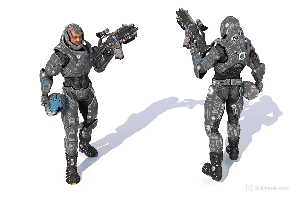 Game Movie Character In Futuristic Tech Armor Holding Weapon Front And Back Views 3d model 