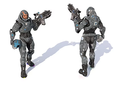 Game Movie Character In Futuristic Tech Armor Holding Weapon Front And Back Views 3d model