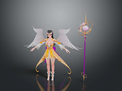 Woman with White Wings Wearing Yellow and Purple Outfit Holding Long Staff with Pink Orb 3d model
