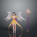 Woman with White Wings Wearing Yellow and Purple Outfit Holding Long Staff with Pink Orb