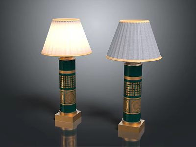 Classical Interior Table Lamps With Green Base Golden Decoration And Cream Gray Lampshades 3d model