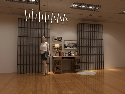 Furniture Showroom Interior With Grid Partitions Modern Pendant Lights Decorative Paintings And Wooden Flooring 3d model
