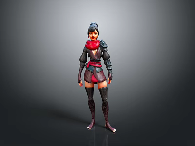 Fantasy Warrior Woman Wearing Red Black Leather Armor with Short Hair and Long Boots 3d model