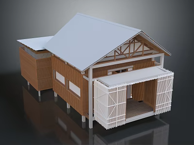 Cartoon Style House with Wooden Structure White Roof Lattice Windows and Open Porch 3d model