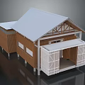 Cartoon Style House with Wooden Structure White Roof Lattice Windows and Open Porch