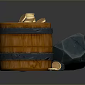 Rustic Wooden Barrel With Gold Coins Blue Gemstones And Scattered Coins