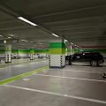 Modern Indoor Parking Garage With Parked Cars Green White Columns And Yellow Guide Lines