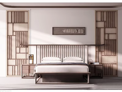 Double bed with background wooden headboard nightstands table lamps and geometric pattern wall panels 3d model