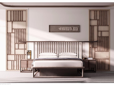 New Chinese Background Double Bed 3d model