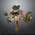 Elegant Fresh Plant Bouquet With Pink White Flowers Green Leaves And Yellow Stems