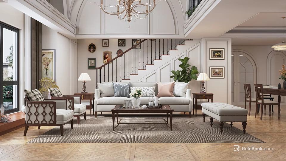 Elegant Duplex Living Room With Sofa Coffee Table Chandelier And Artworks 3d model 