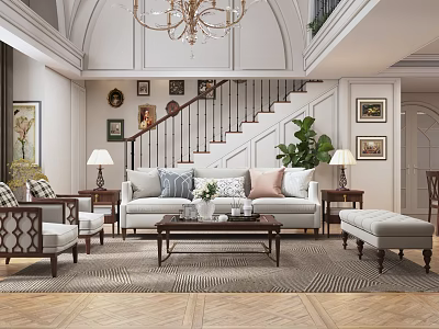 Elegant Duplex Living Room With Sofa Coffee Table Chandelier And Artworks 3d model